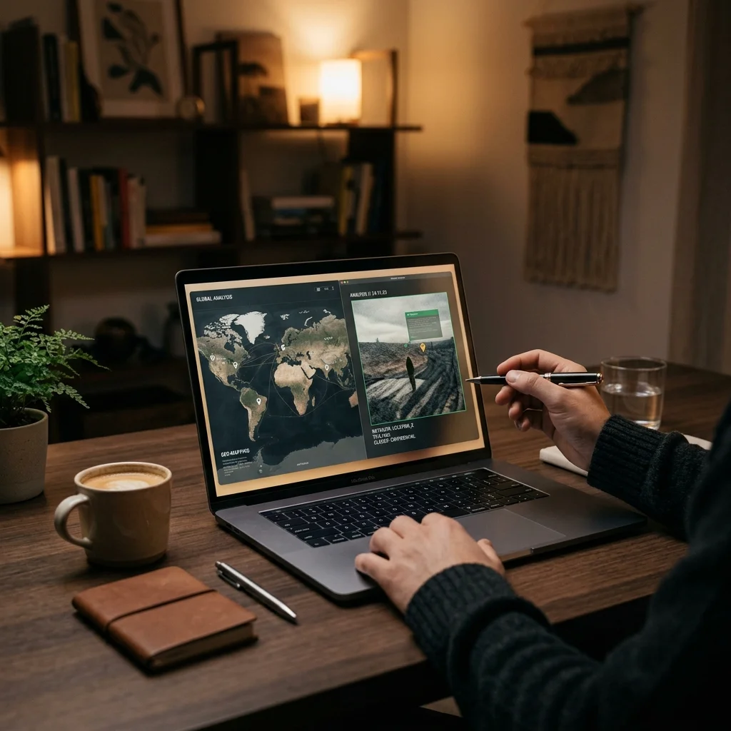 A digital investigator analyzing a photograph to track its location using modern OSINT techniques