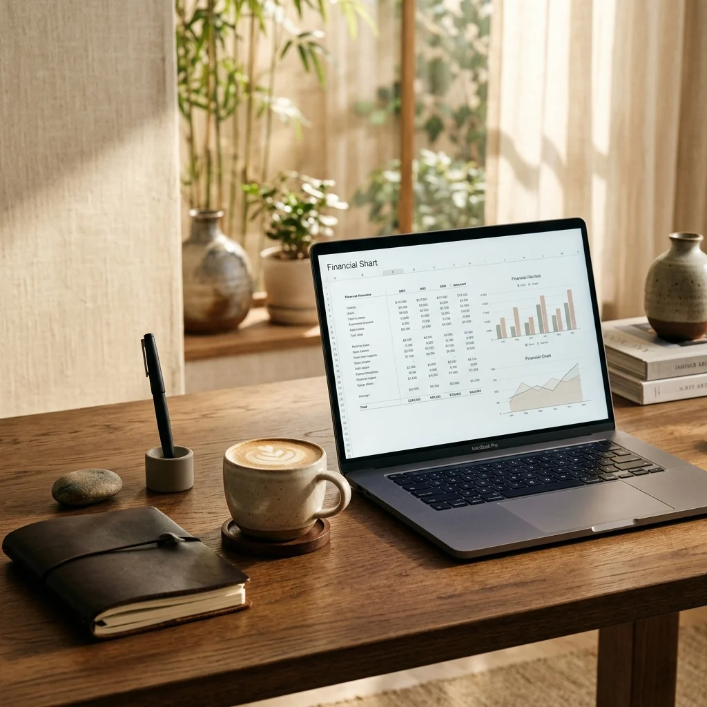 A sleek, minimalist workspace showing an automated financial dashboard on a laptop screen.